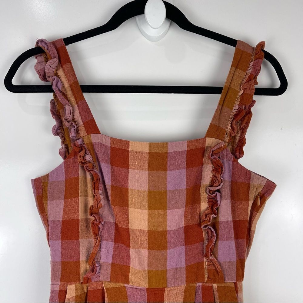 ModCloth Princess Highway Linen Prairie Jumpsuit S Orange Check Boho Ruffle - Picture 5 of 15